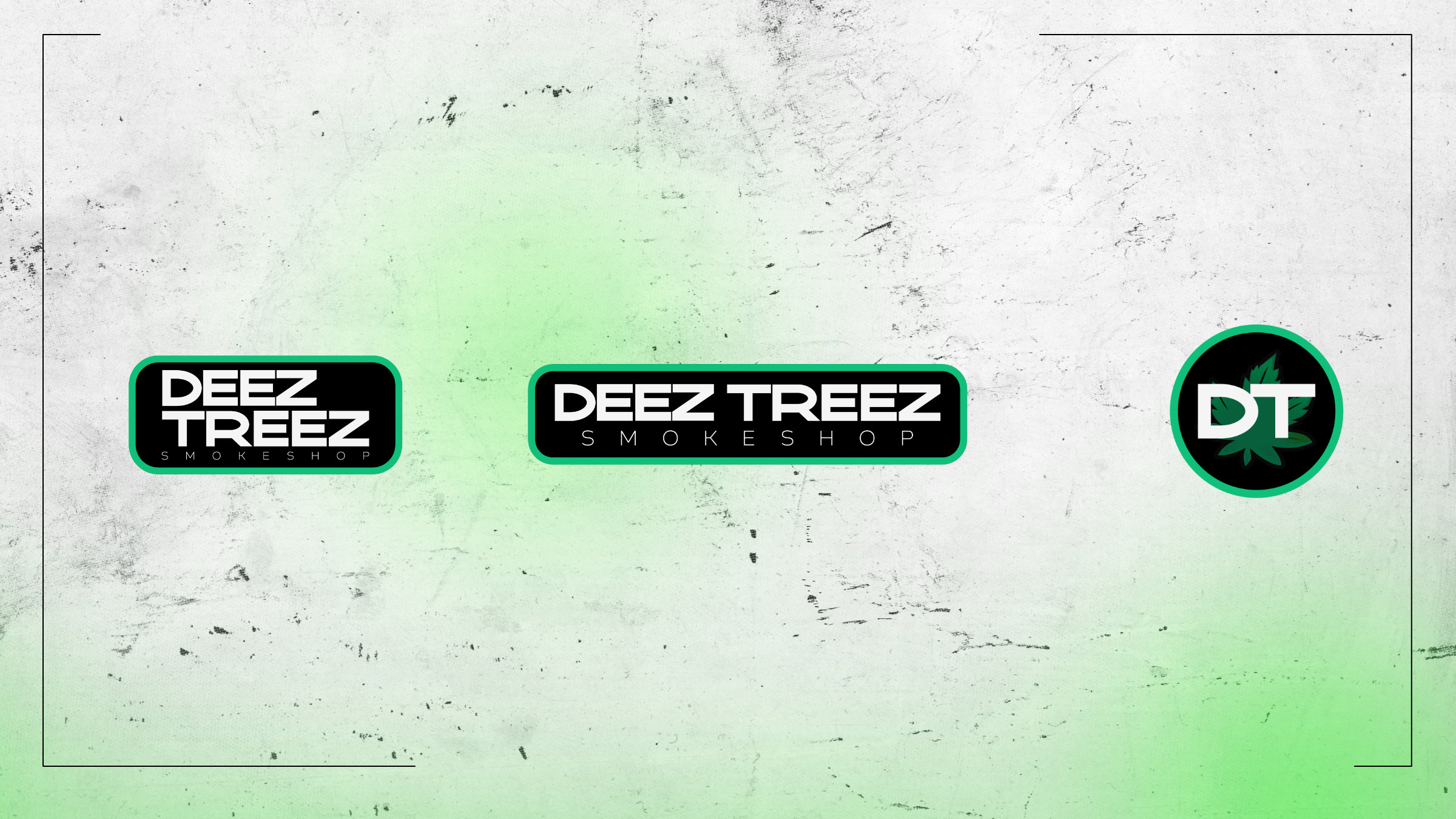Deez Treez logo suite on a light, distressed background: the stacked logo, the horizontal lockup with its Smokeshop descriptor, and the DT monogram
