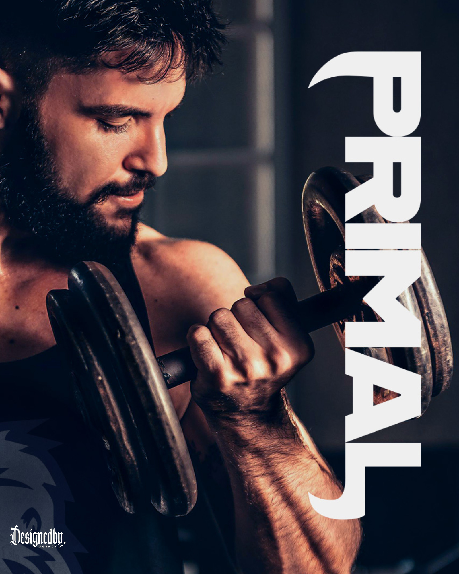 Primal Fitness wordmark over a dumbbell curl photo