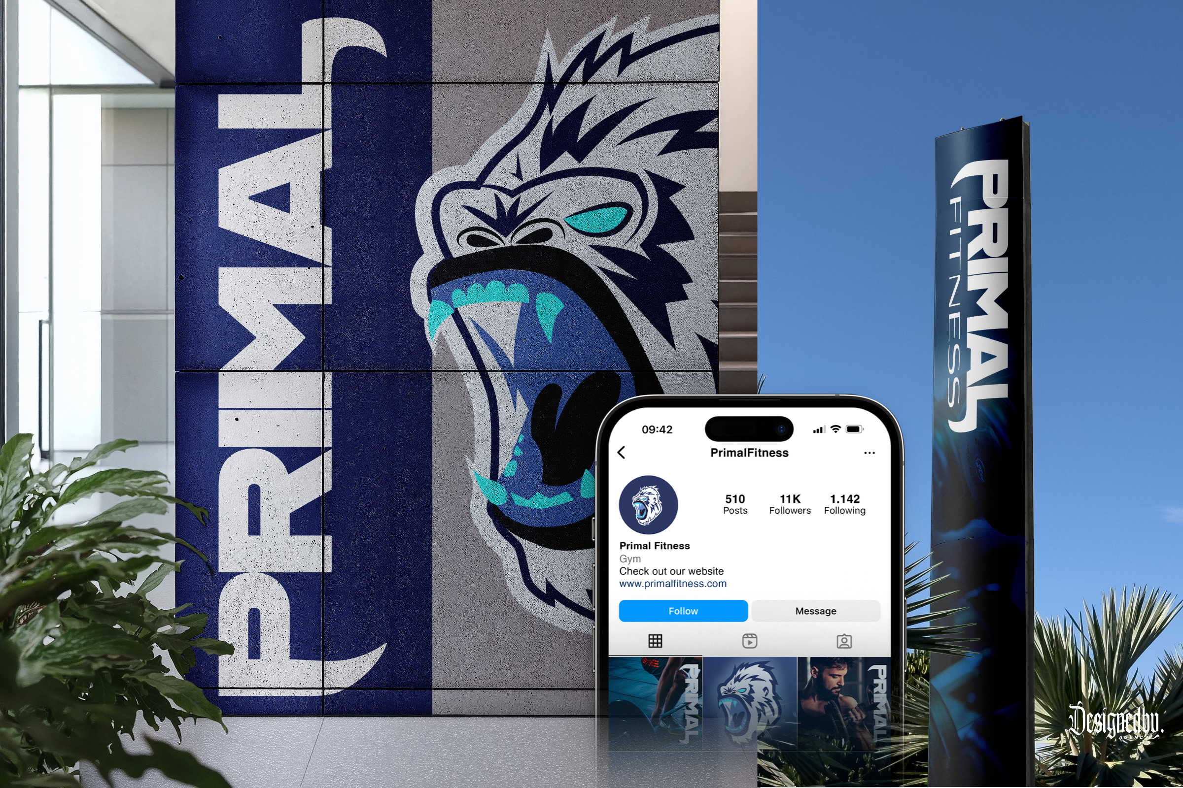 Primal Fitness mascot wall, signage and Instagram profile