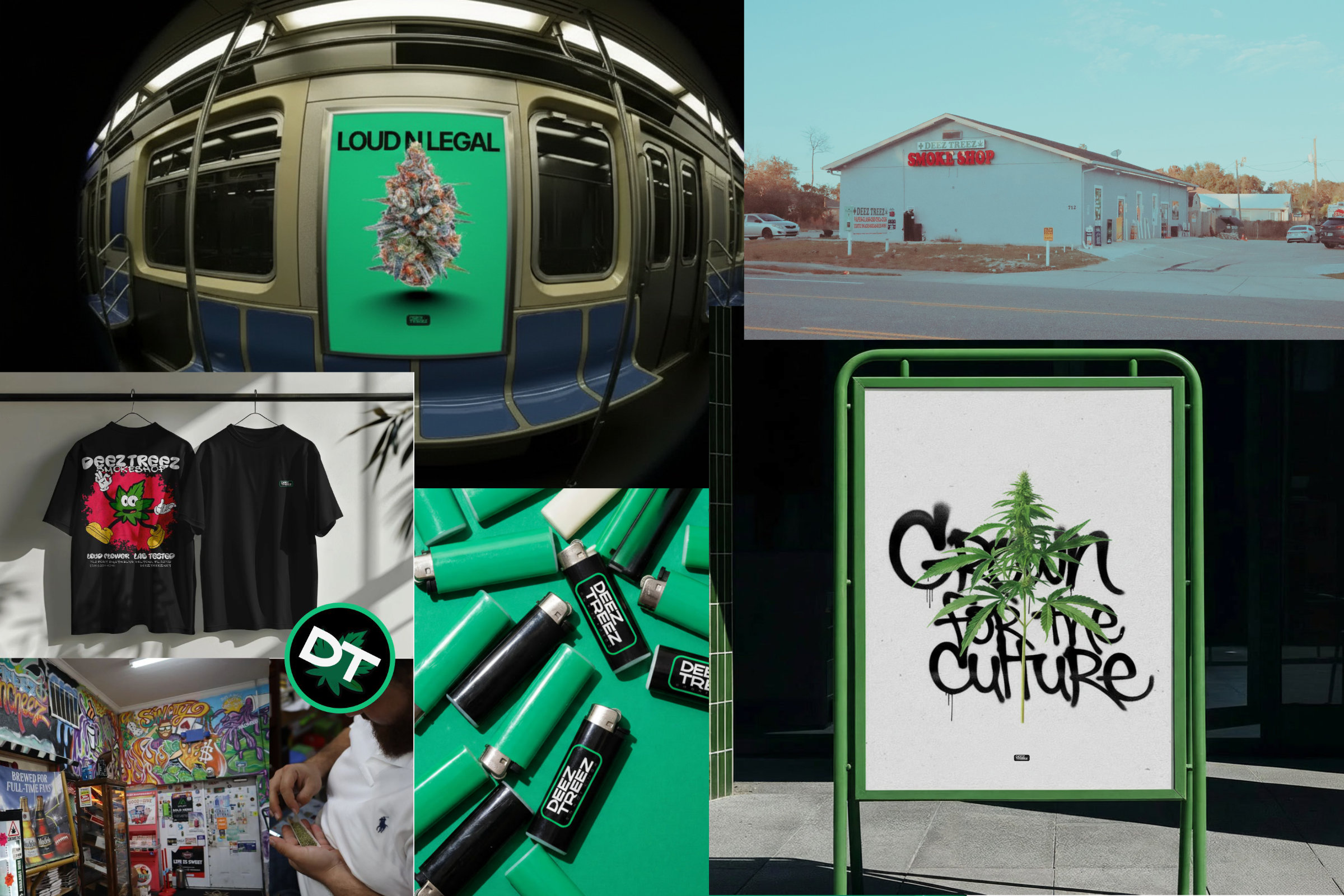 Collage of Deez Treez applications: a subway car ad, the storefront, black t-shirts, green branded lighters and a street poster reading Grown for the culture