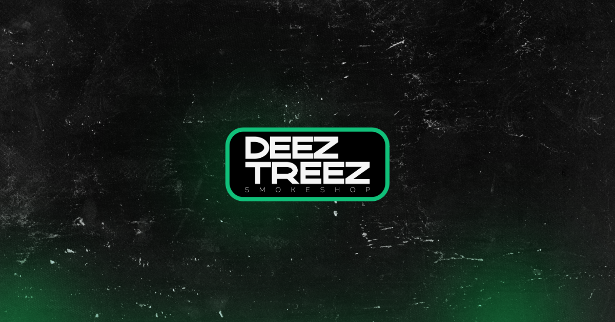 Deez Treez Smokeshop logo in a green-rimmed black badge on a dark, distressed green background
