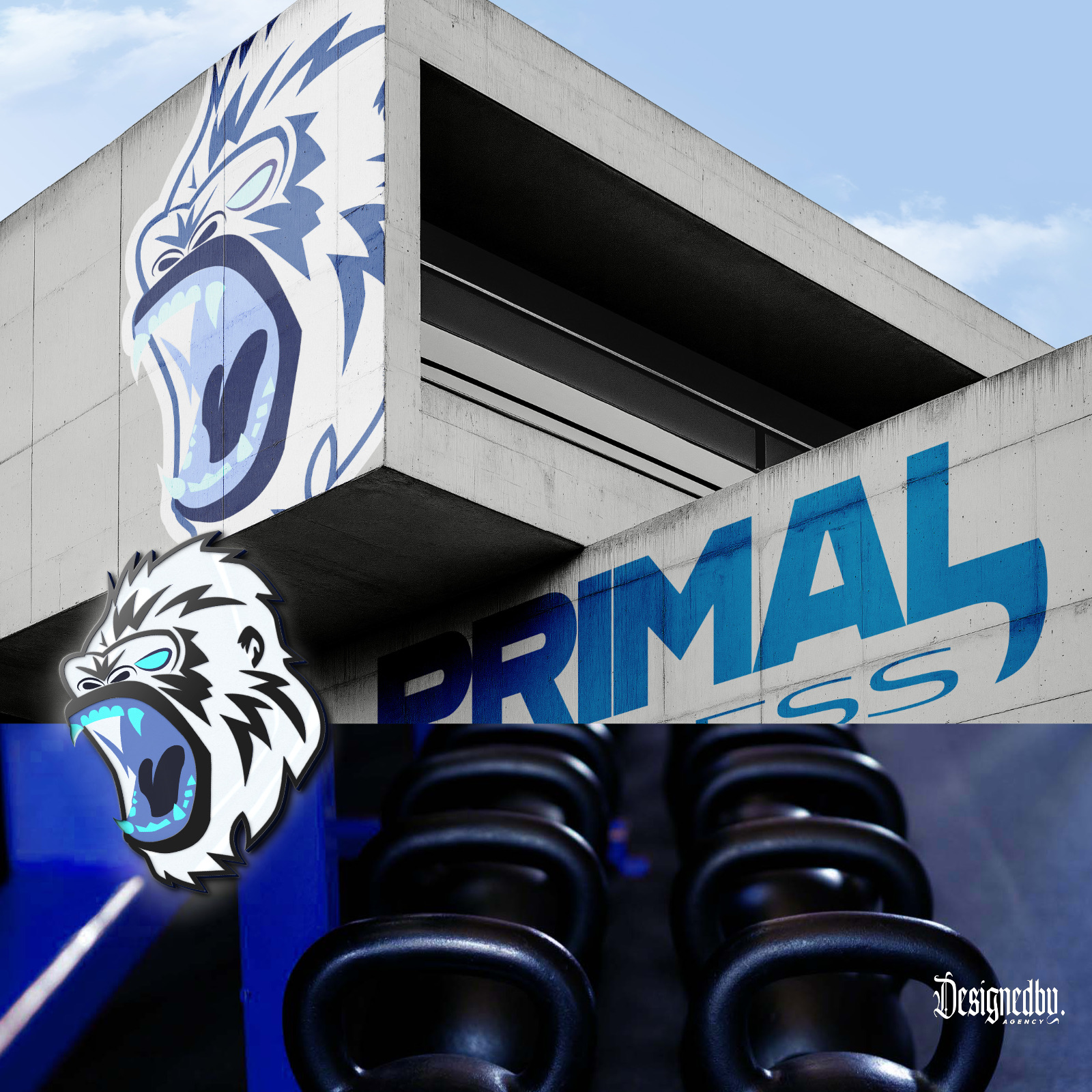 Primal Fitness mascot and wordmark on a building above kettlebells