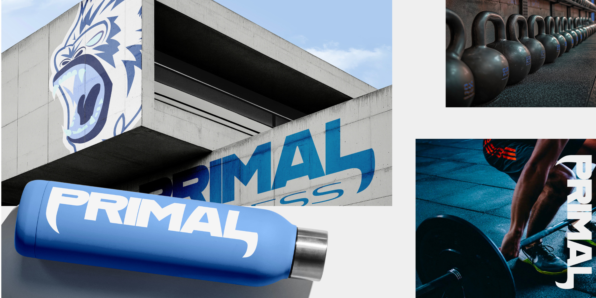 Primal Fitness branding on a building, a water bottle and the gym floor