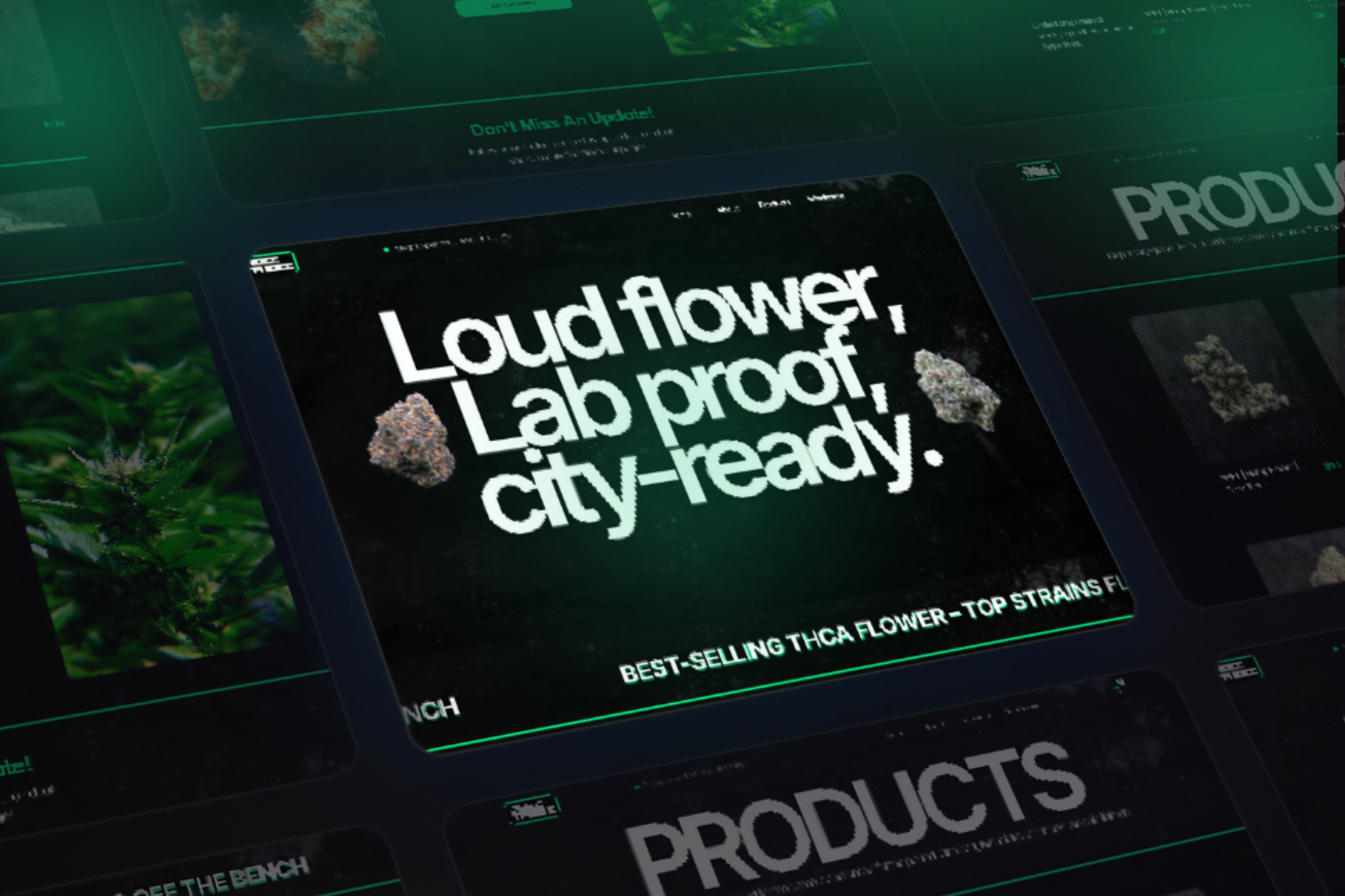 Deez Treez website layouts on dark screens, with the headline Loud flower, lab proof, city-ready