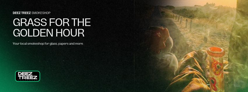 Deez Treez web banner reading Grass for the golden hour, beside a sunset photo of a glass piece