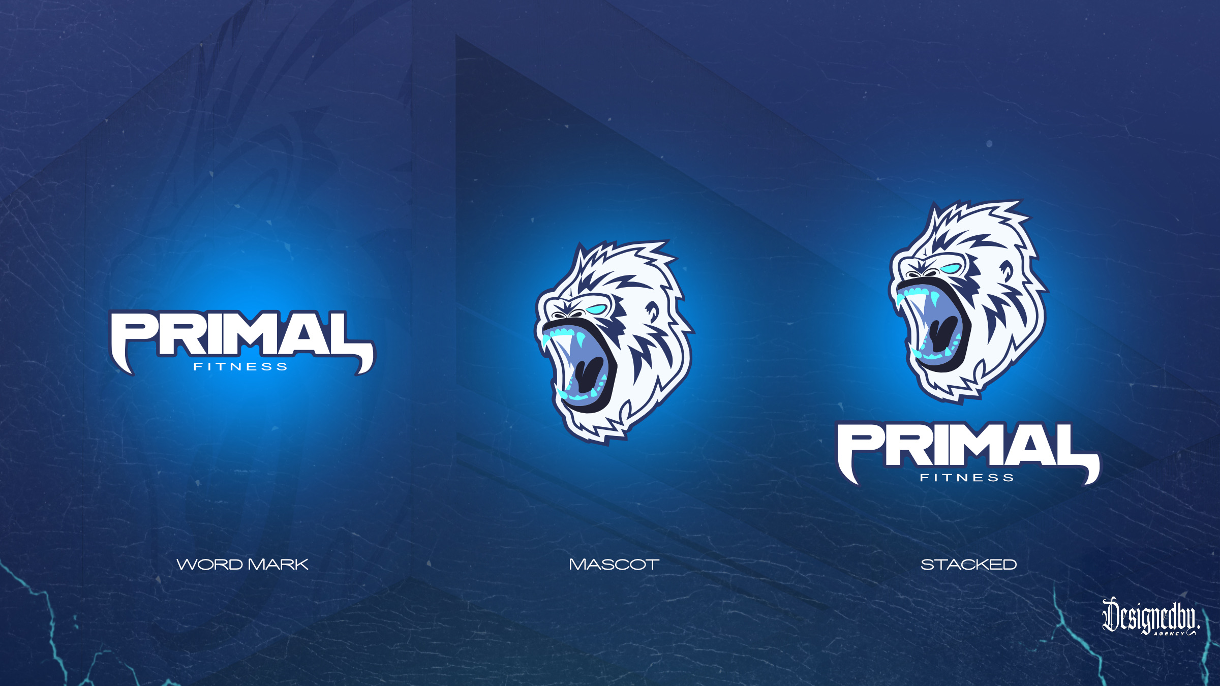 Primal Fitness wordmark, mascot and stacked logo