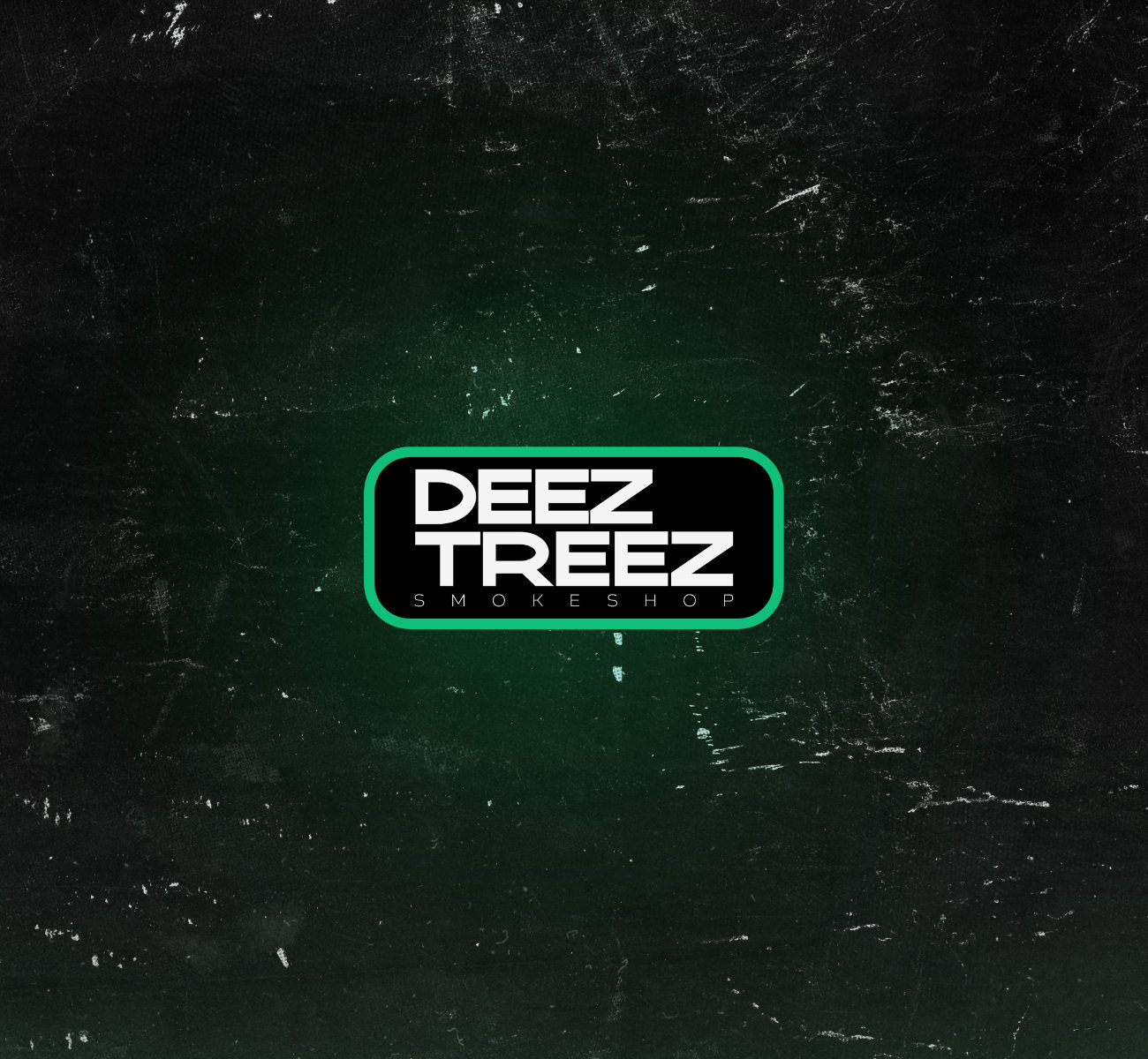 Deez Treez Smokeshop logo in a green-rimmed black badge on a dark, distressed green background