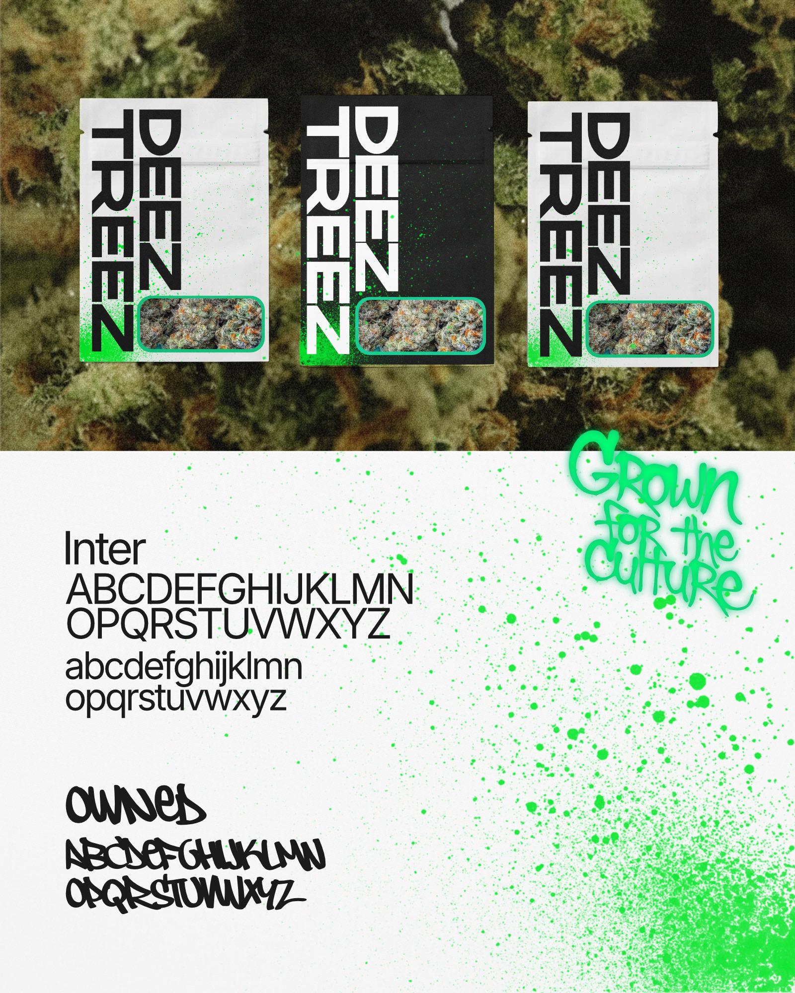 Three Deez Treez packaging bags in white and black over cannabis leaves, above a type specimen showing Inter and a graffiti-style display face, with a green Grown for the culture tag