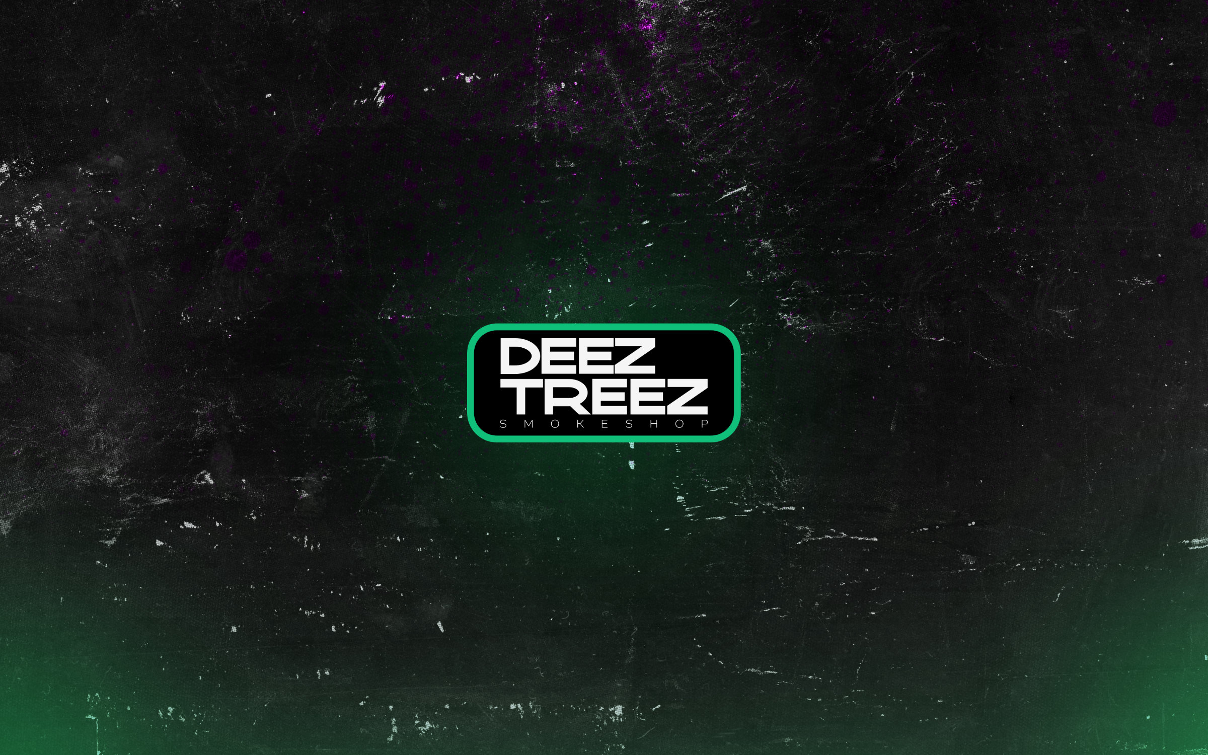 Deez Treez Smokeshop logo in a green-rimmed black badge on a dark, distressed green background